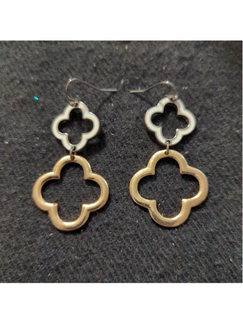 Gold Tone and Silver Tone White Enamel Clover Statement Dangle Earrings
